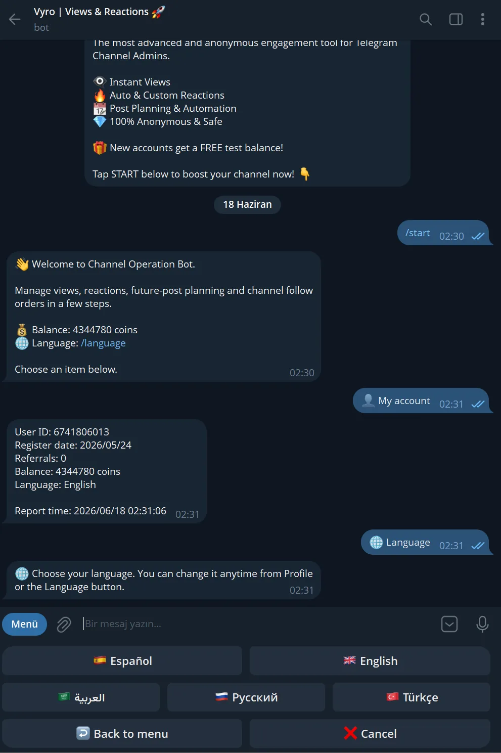Vyro Telegram bot language selection and account preview
